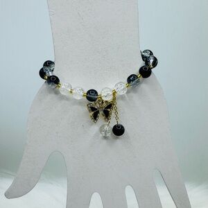 Gradient Black Beaded w/ Sparkly Bow Charm Bracelet - Small wrists